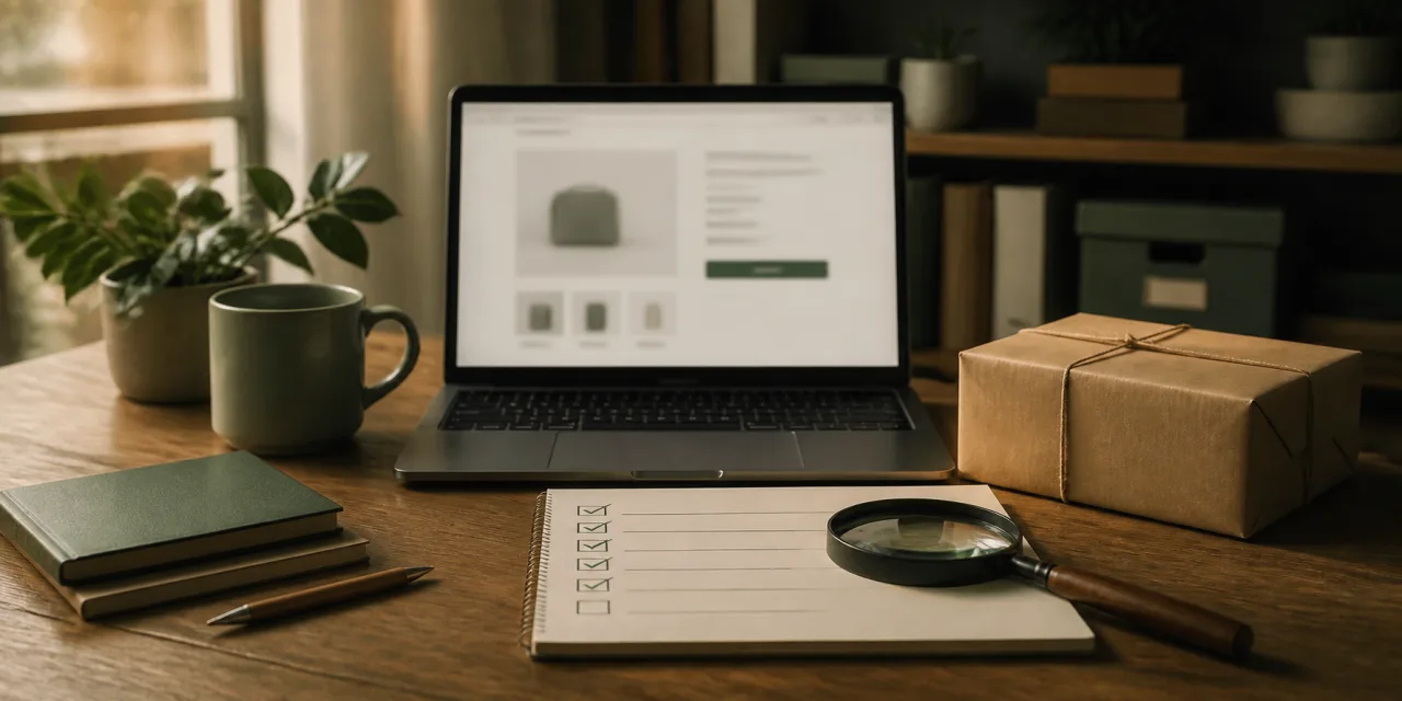 A creator workspace arranged for careful product-link verification